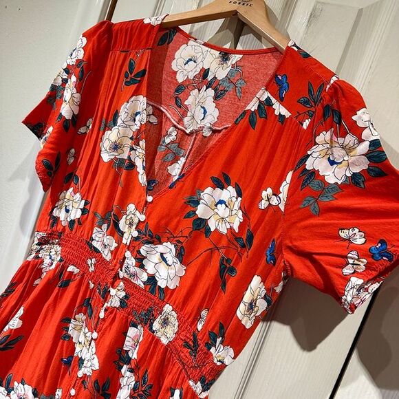 Retro Tomato Red & White Floral Flowy Short Sleeve Button Down A Line Maxi Dress - Picture 6 of 12